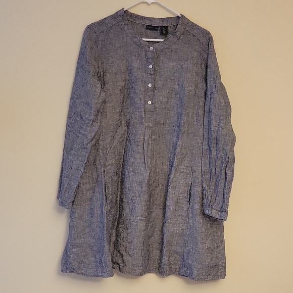 Tahari Long Sleeve Gray Linen Dress a line Sz Large  loose fit - Picture 1 of 6